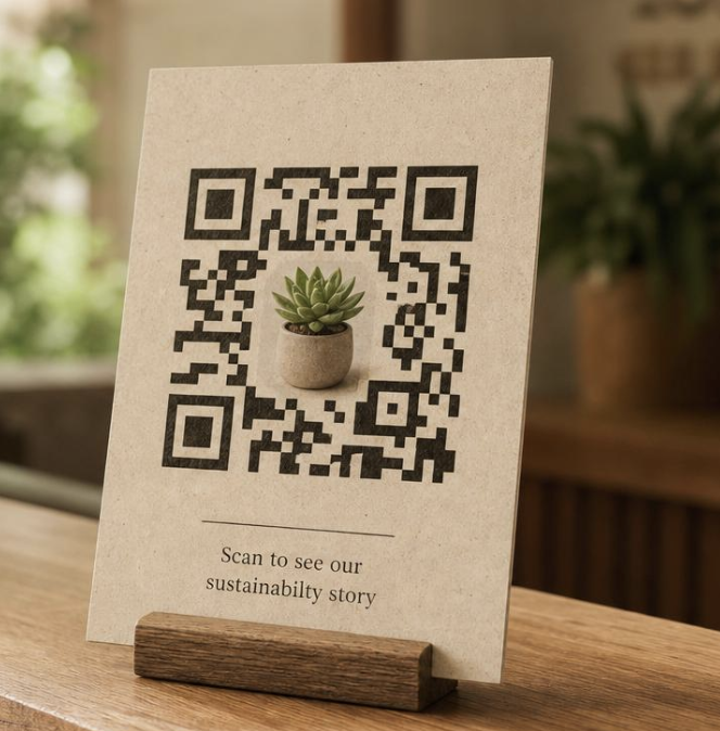Printed QR code card with a live succulent in the center on a hotel reception desk